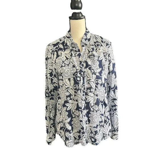 Charter Club Luxury Blue White Floral Button Down Medium Linen Long Sleeve Shirt - Picture 1 of 6